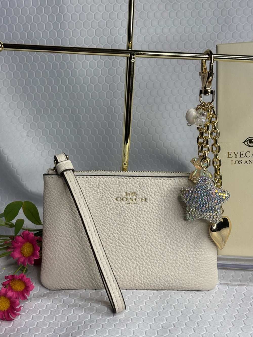 COACH Cream Pebbled Leather Corner Zip Wristlet and Fashion Bag Charm NWT